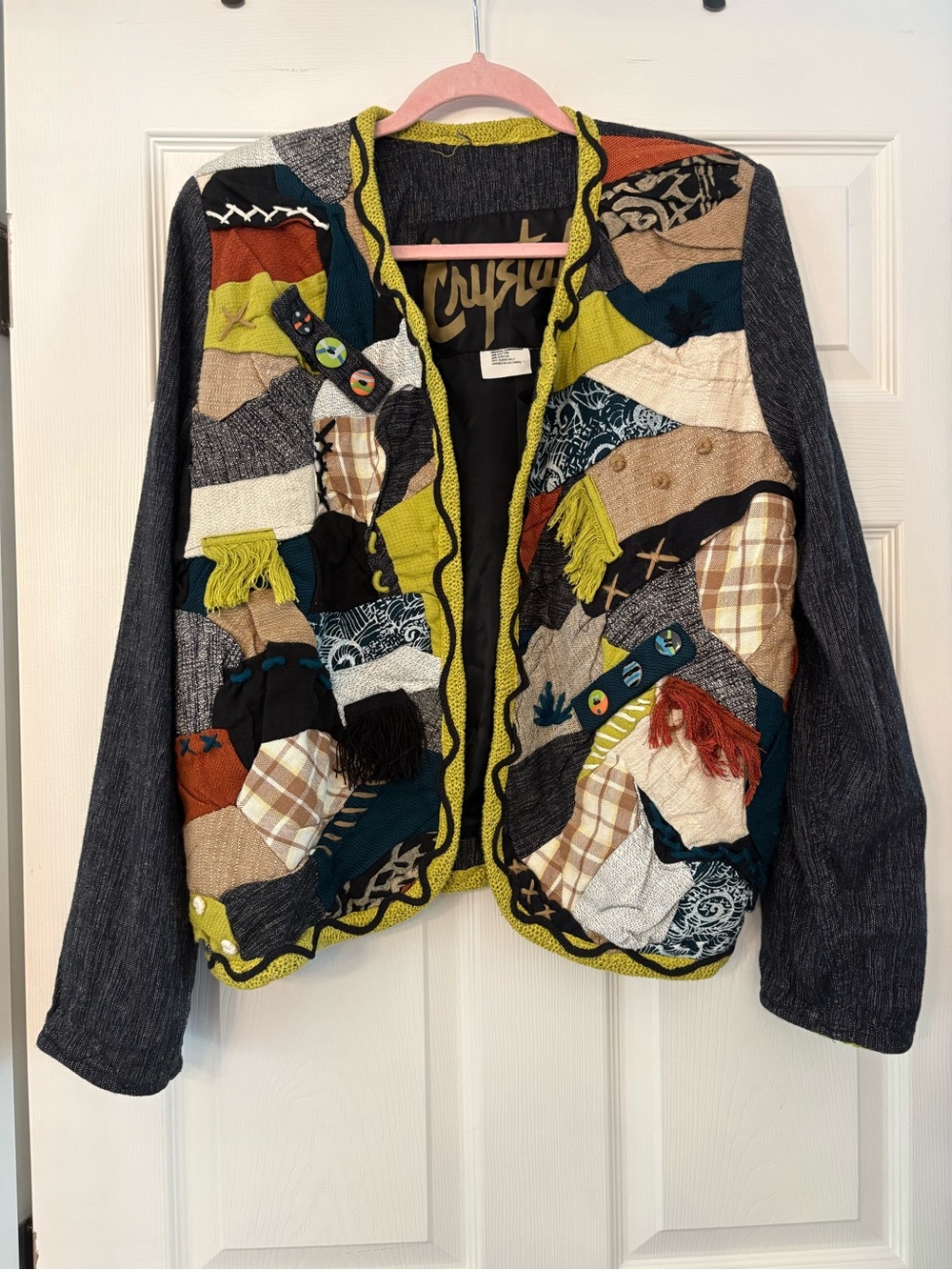 Vintage Crystal Handwoven Patchwork Multicolor Women's Jacket - Lime Trim